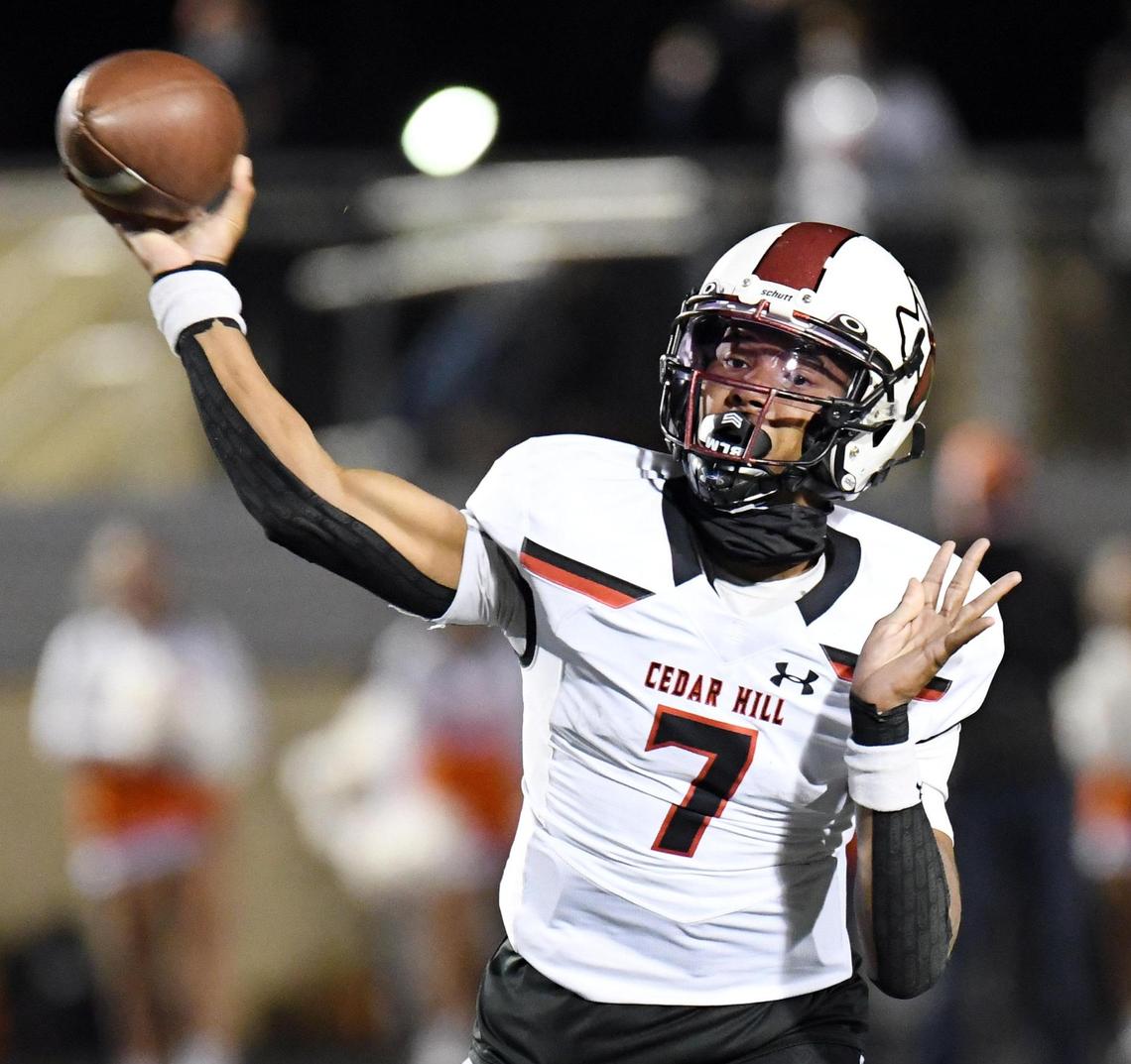 Cedar Hill quarterback Kaidon Salter throws for a first down against Aledo in the second quarter of their football game Friday, October 16, 2020 at Bearcat Stadium in Aledo, Texas. Special/Bob Haynes