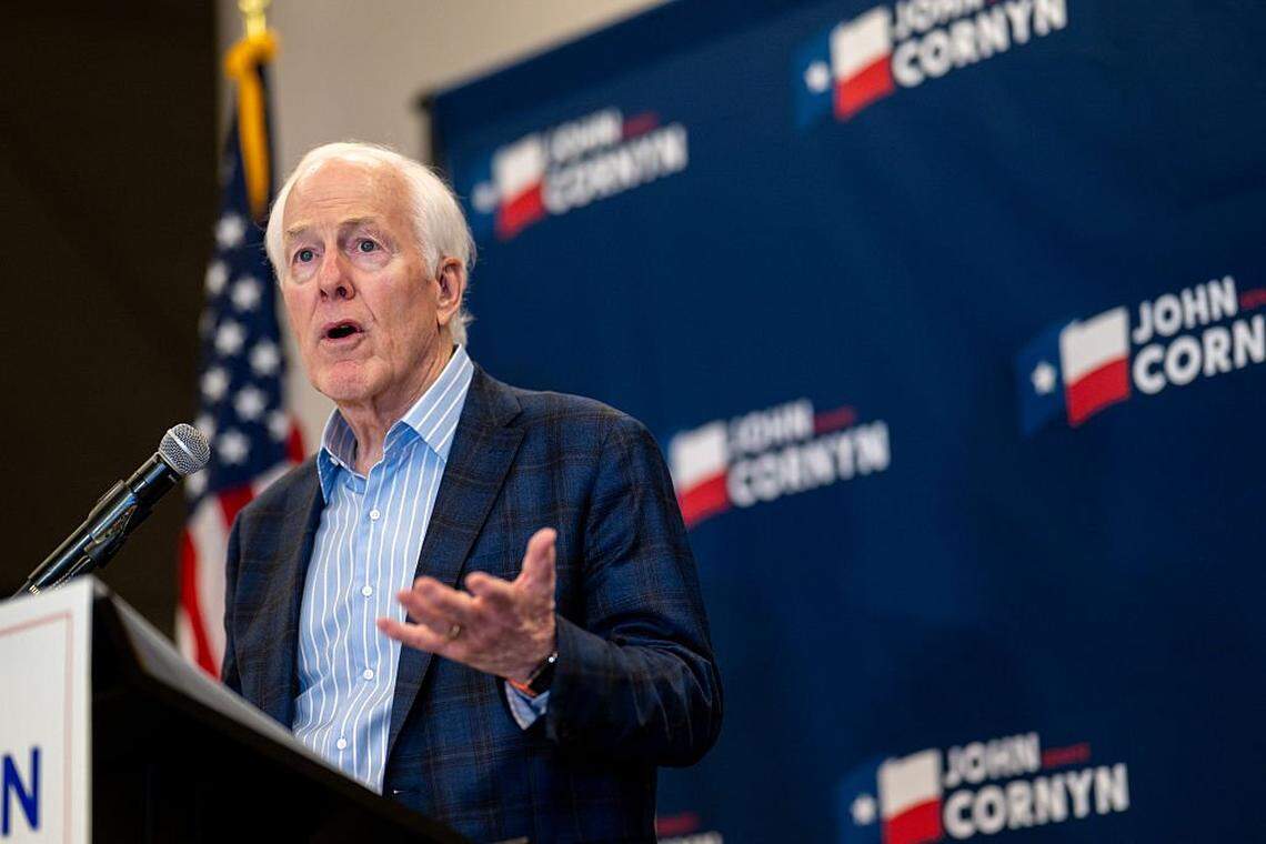 AUSTIN, TEXAS - MARCH 03: Sen. John Cornyn (R-TX) speaks to members of the media at the Austin Marriott Downtown on March 03, 2026 in Austin, Texas. Early results indicate a runoff race between Cornyn and opponent Texas Attorney General Ken Paxton. (Photo by Brandon Bell/Getty Images)