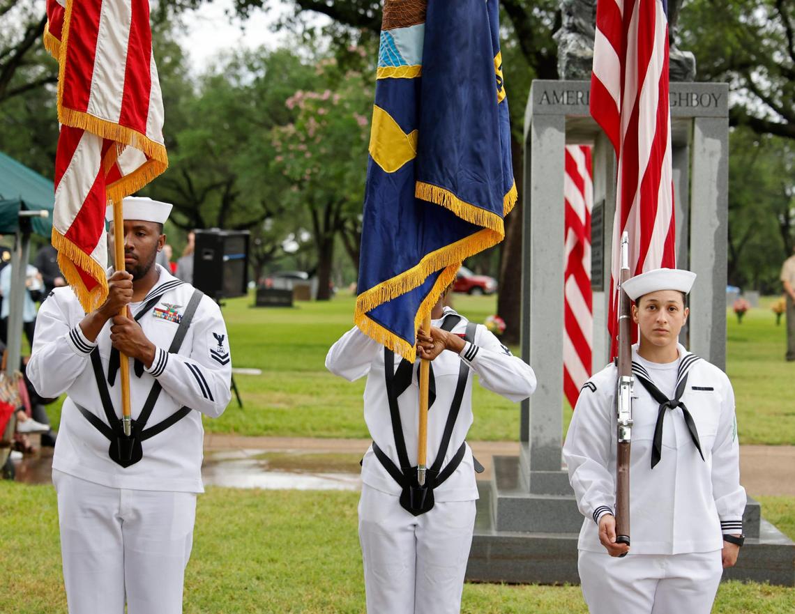 The U.S. Navy color guard presented the colors during the 96th Fort Worth Memorial Day Service at Mount Olivet Cemetery in Fort Worth, Texas, Monday, May 26, 2025.