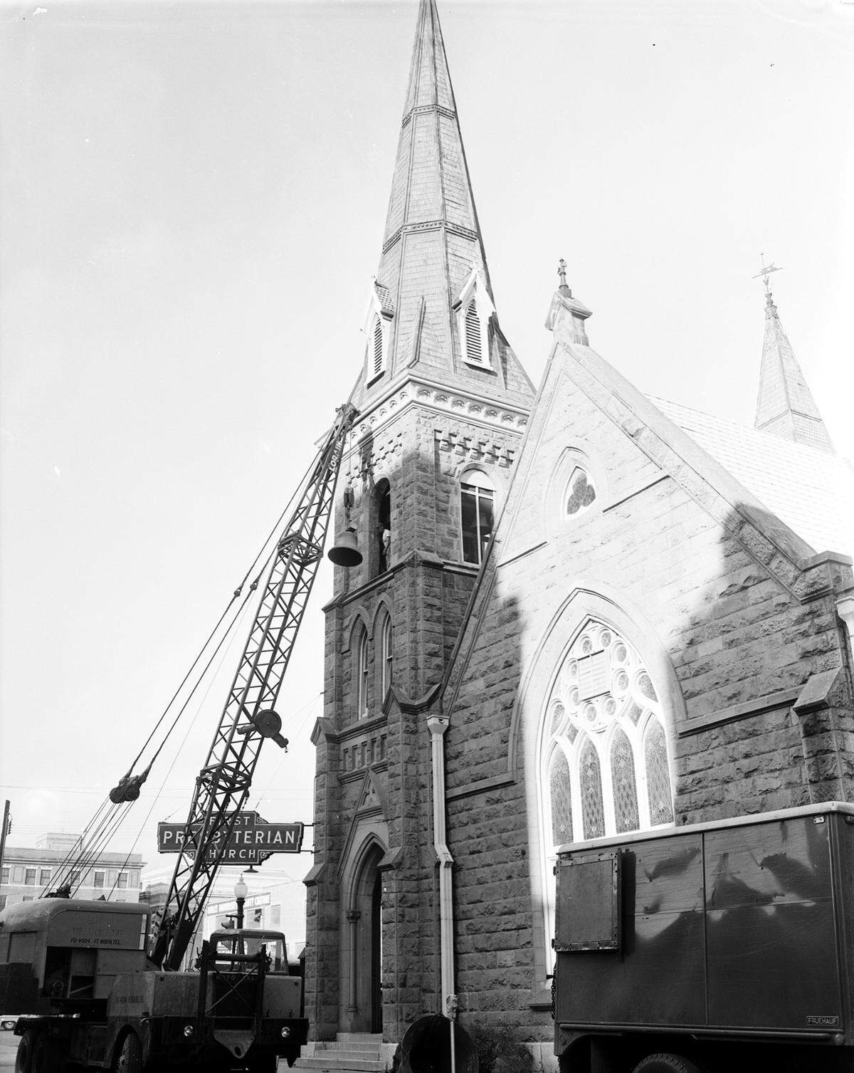 Nov. 1, 1955: Workmen remove 43-year-old bells from the steeple of old First Presbyterian Church for repair and to move to a new church building on Penn Street in Fort Worth.