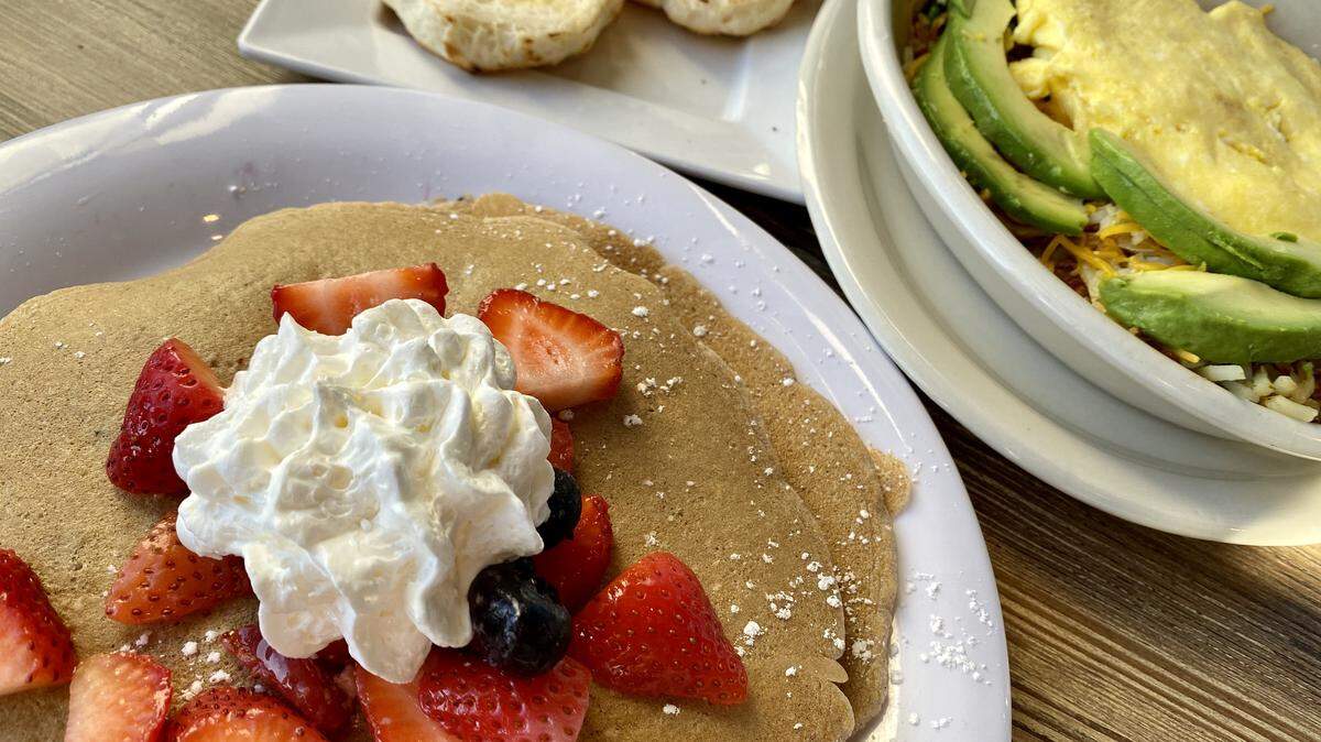 “Berry Blast” multi-grain pancakes and a bacon-avocado skillet at Cafe Republic.