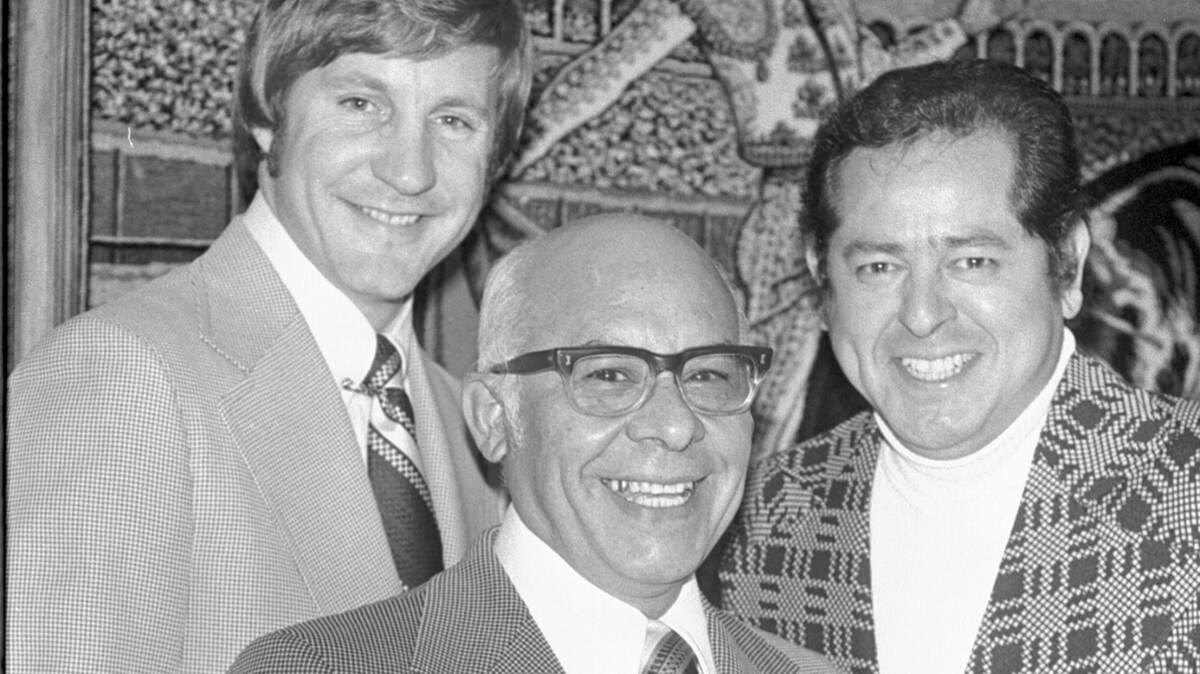 County Judge Mike Moncrief, left, was the speaker at the installation dinner for the Mexican-American Chamber of Commerce at Jiminez Restaurant in February 1975. J. Pete Zepeda, center, was the incoming president, succeeding Dick Salinas, right.