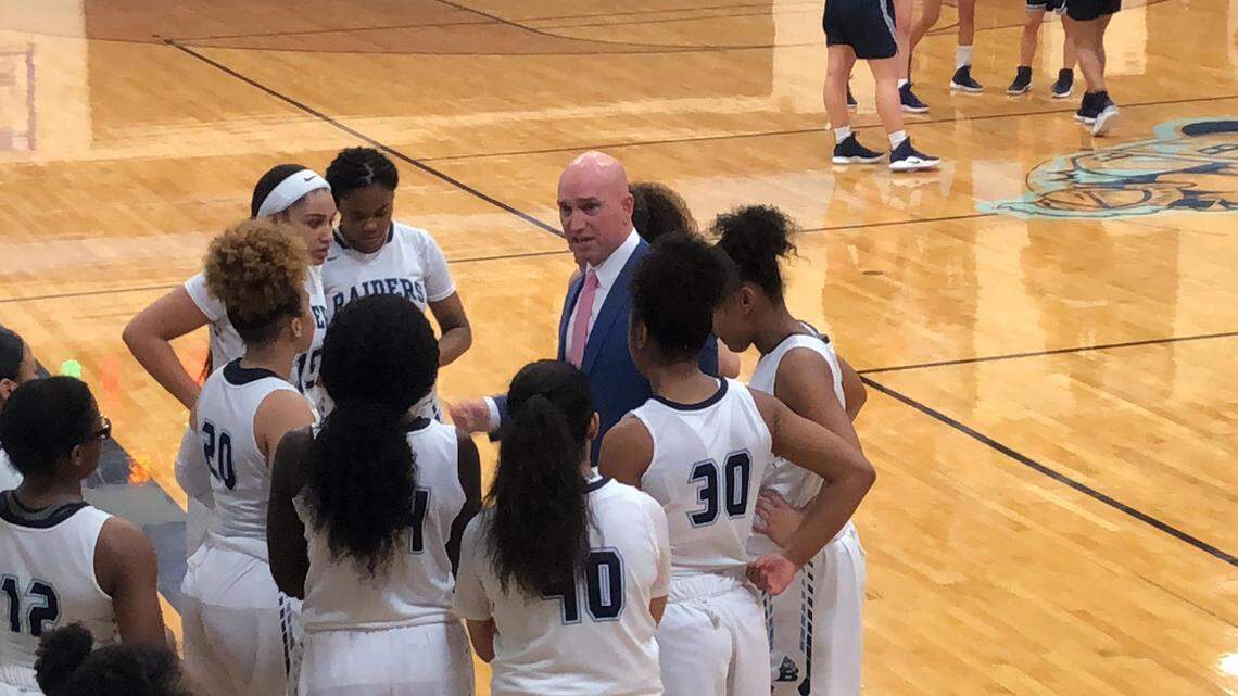 LD Bell coach Andy Bloodworth talks to his team prior to tip off vs. Richland on Tuesday Jan. 29, 2019. Bell won 61-60 in triple overtime.