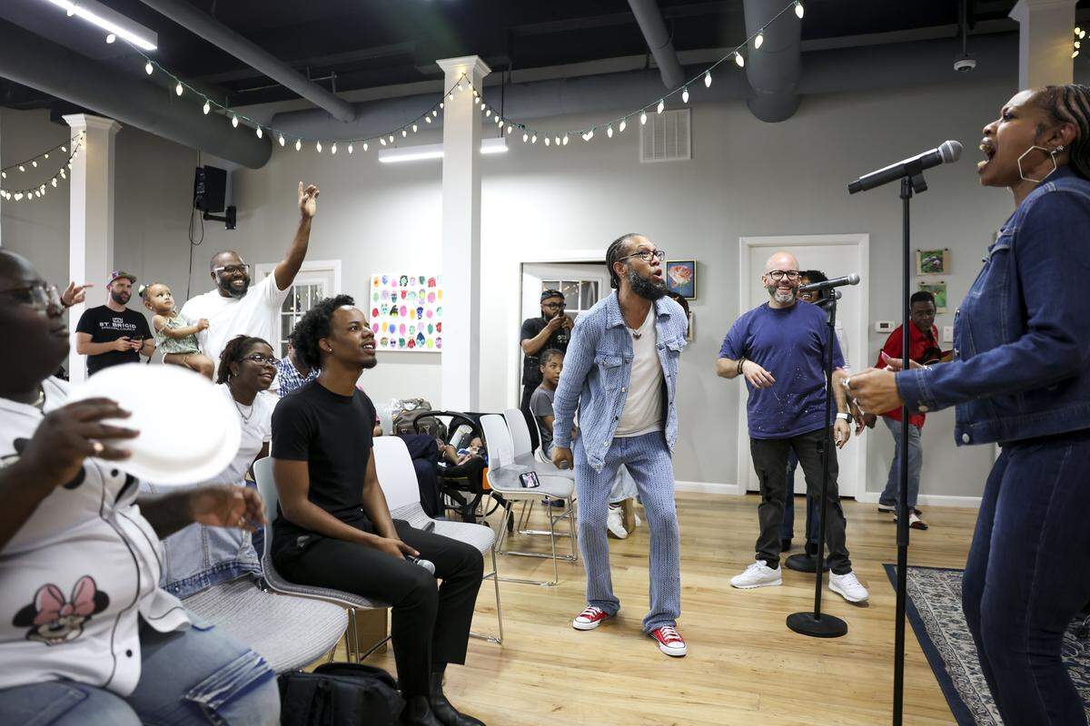 Cool Joe and The Cooleys sing gospel music during Lost 'N Sound at St. Brigid Episcopal Church on South Main Street on Saturday, April 25, 2026 in Fort Worth, Texas. Lost 'N Sound brought free live music and a variety of performances to Near Southside.