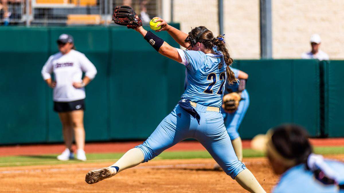 Montgomery Lake Creek pitcher Ava Brown delivers a pitch against Frisco Heritage in a Class 5A state semifinal on Friday, June 2, 2023 at McCombs Field in Austin, TX. Brown, a Florida signee, tossed a three-hit shutout.