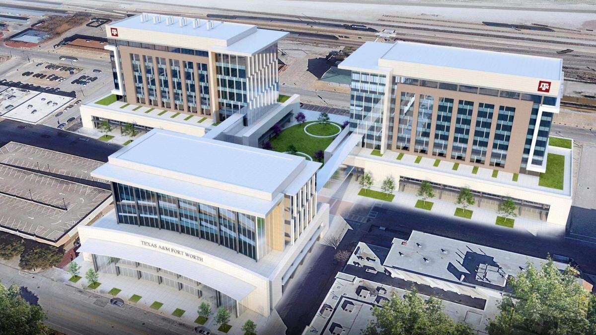 An artistic rendering of the three new buildings around a courtyard space that will be Texas A&M-Fort Worth’s new research campus in downtown. In the foreground is the city’s Water Gardens.