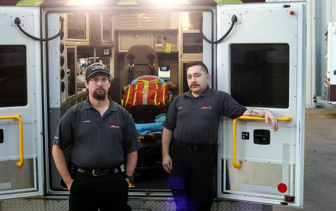 James Ward, lead paramedic with MedStar, left, and Cody Riley, an emergency medical technician with MedStar, were responding to a call when the deadly pileup involving more than 130 vehicles in the express lane of Interstate 35W unfolded in front them. They were the first emergency personnel on the scene.
