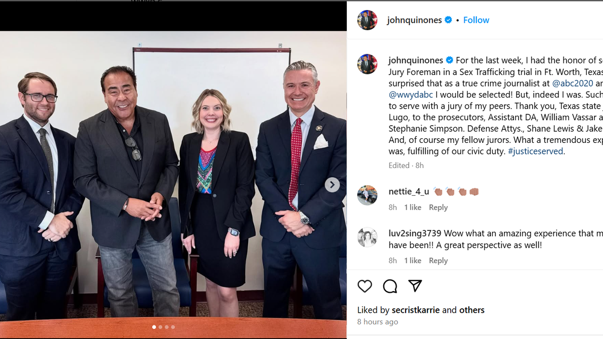 “For the last week, I had the honor of serving as the Jury Foreman in a Sex Trafficking trial in Ft. Worth, Texas,” John Quiñones wrote in an Instagram post. “I was very surprised that as a true crime journalist at @abc2020 and host of @wwydabc I would be selected! But, indeed I was. Such a privilege to serve with a jury of my peers. Thank you, Texas state judge Julie Lugo, to the prosecutors, Assistant DA, William Vassar and Stephanie Simpson. Defense Attys., Shane Lewis & Jake Wiggins. And, of course my fellow jurors. What a tremendous experience this was, fulfilling of our civic duty.”