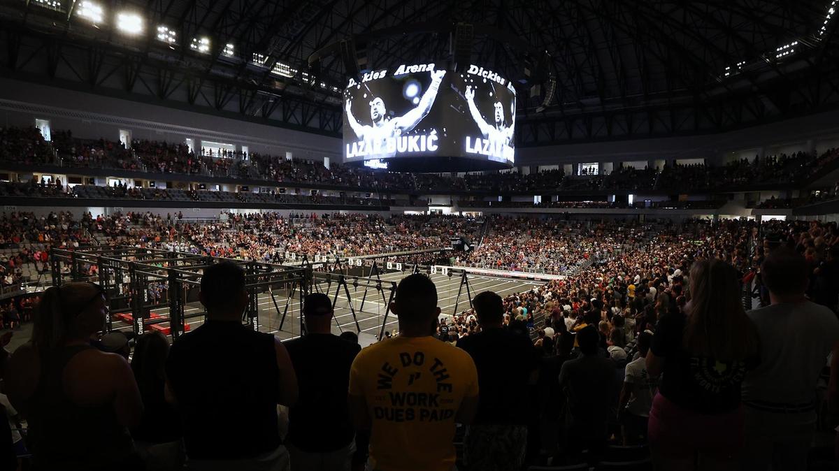 Serbian athlete Lazar Đukić is honored with a tribute before the start of events at the CrossFit Games on Friday, August 9, 2024, in Fort Worth. Đukić drowned in Marine Creek Lake on Thursday morning during the run swim event, the first event of the four-day games.