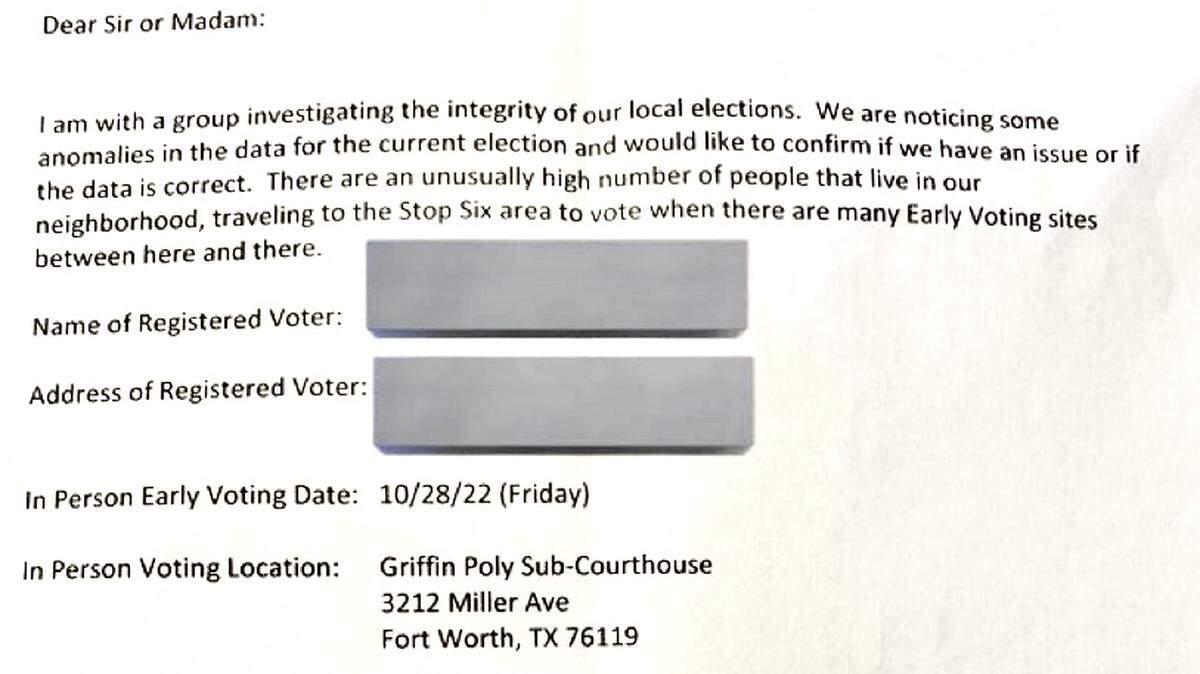 A letter delivered in Fort Worth to an early voter asked whether and why they voted at the Griffin Building in Polytechnic Heights, which is outside of the neighborhood they live in.