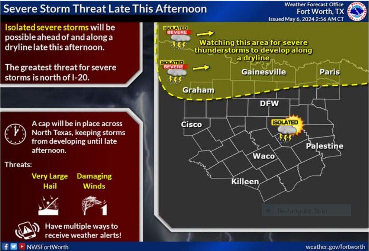 We’ll be watching a dryline to our west this afternoon and evening as thunderstorms are expected to develop along it and move east. Most of the activity will remain across Oklahoma, but a few storms may clip our northern counties mainly north of I-20. Very large hail and damaging winds would be the main threats.