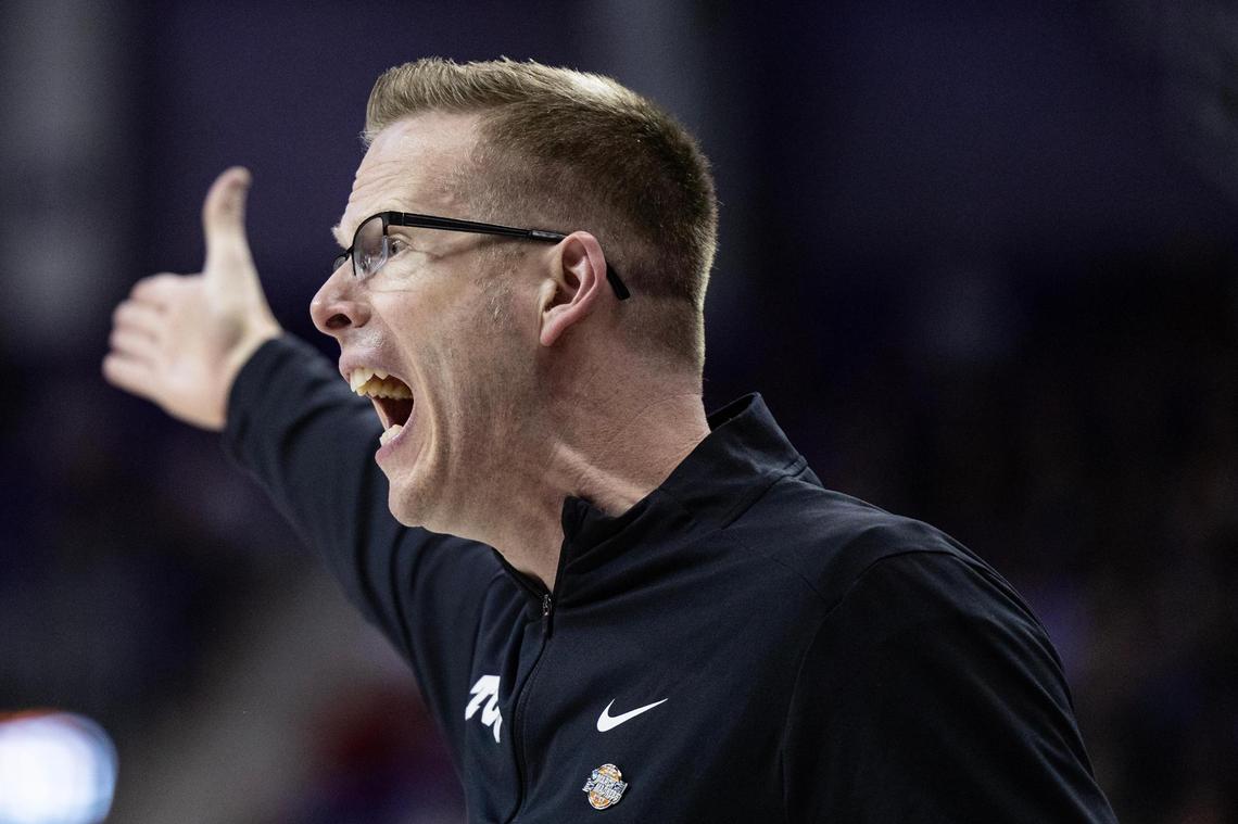 TCU Head Coach Mark Campbell yells at his team in the first half of the first round of the Women’s NCAA Championships Tournament game between TCU and Fairleigh Dickinson at Schollmaier Arena in Fort Worth on Friday, March 21, 2025.