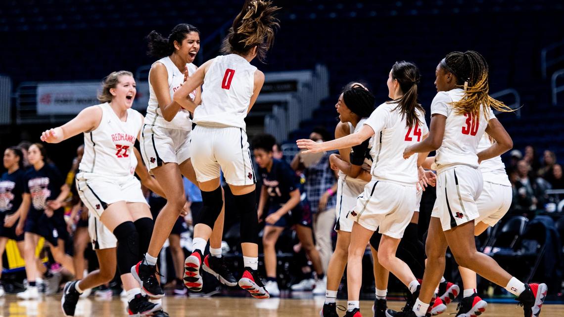Frisco Liberty storms the court in triumph after defeating San Antonio Veterans Memorial 35-26, in the 5A State Championship game at the Alamodome in San Antonio on March 7th, 2020. (Matt Smith: Special to the Star-Telegram).