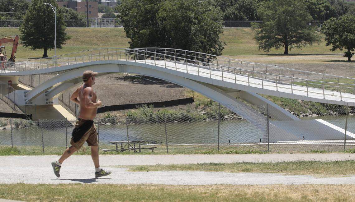 The Phyllis J. Tilley Memorial Pedestrian Bridge over the Trinity River in August 2012, when it was nearing completion.