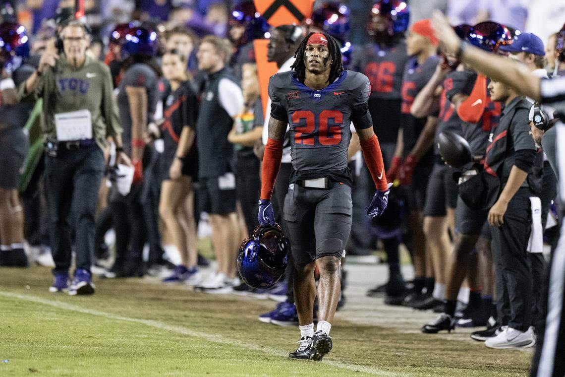TCU running back Jeremy Payne (26) takes his helmet off on the sidelines after fumbling the ball in the second half of a Big XII football game between the TCU Horned Frogs and the Iowa State Cyclones at Amon G Carter Stadium in Fort Worth on Saturday, Nov. 8, 2025.