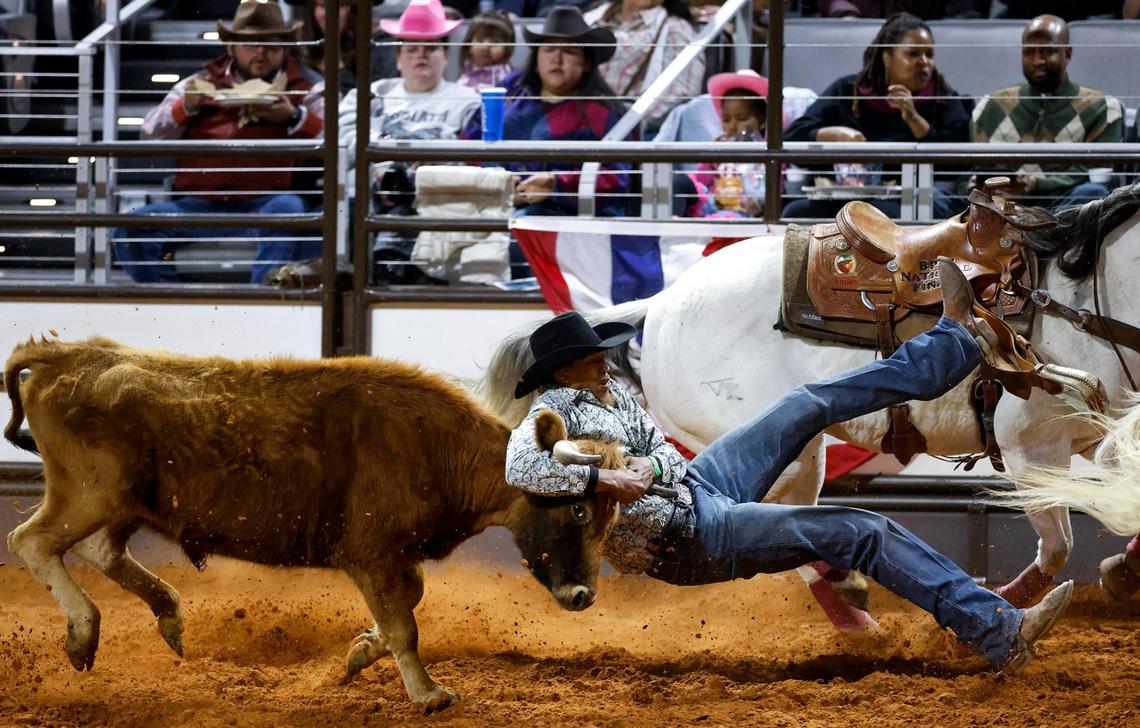 Tony Aska of Hempstead competes in the steer wrestling event of the Cowboys Color Rodeo on Monday, Jan. 20, 2025, at the Fort Worth Stock Show & Rodeo.