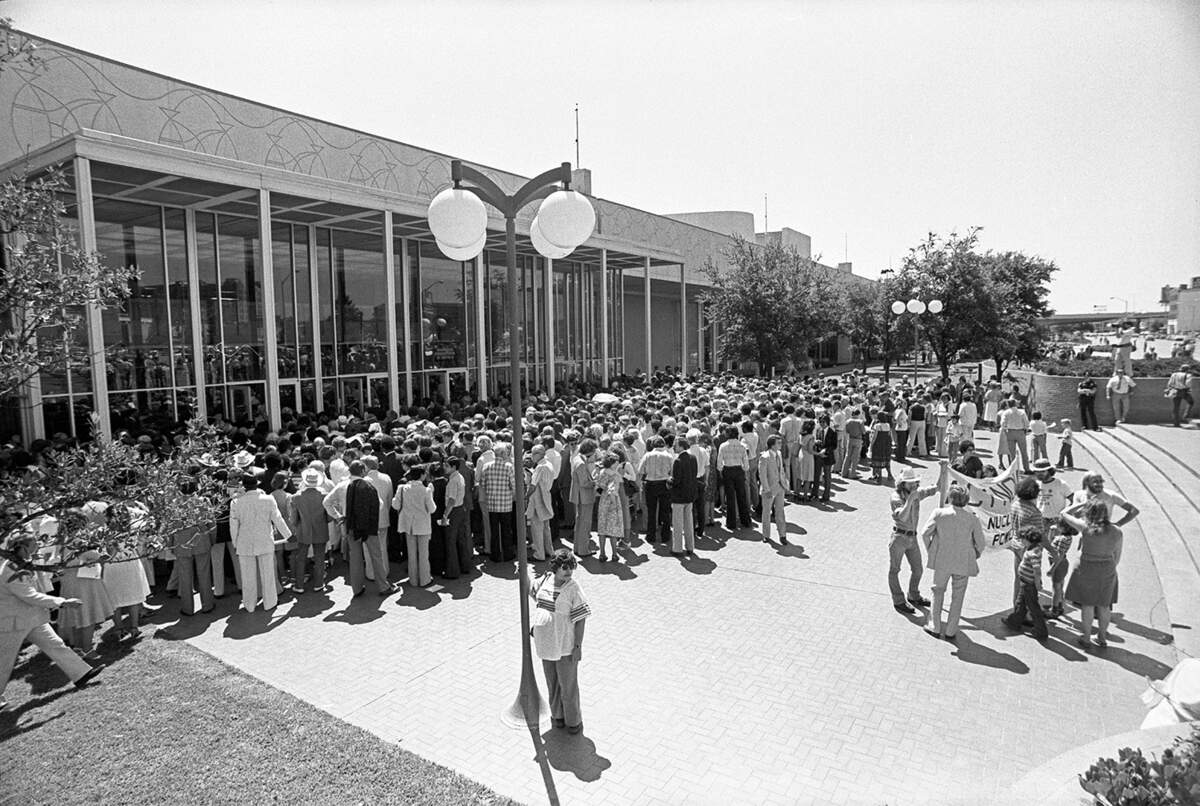 Crowds of people are seen waiting outside of the Tarrant County Convention Center in downtown Fort Worth for President Jimmy Carter’s arrival on June 23, 1978.