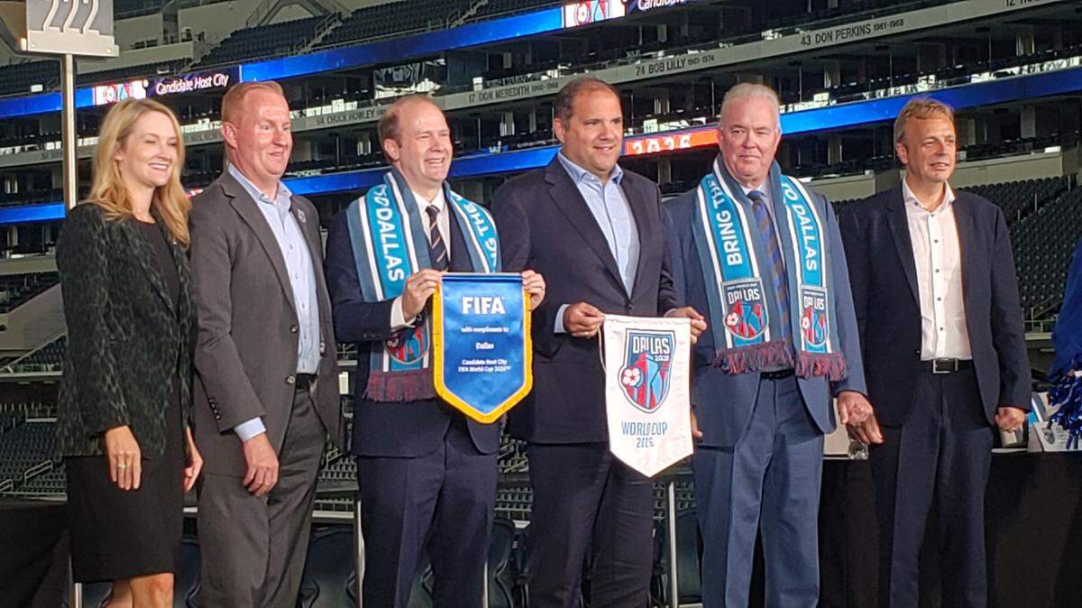 Representatives from the FIFA World Cup 2026 delegation held a press conference with members of the Dallas Sports Commission, FC Dallas, and Dallas Cowboys at AT&T Stadium. The local representatives are hoping to lure FIFA to hold the World Cup 2026 games in Arlington. Fort Worth Mayor Mattie Parker, left, is joined (from left) by Arlington Mayor Jim Ross, FIFA’s Colin Smith, FC Dallas president Dan Hunt, Cowboys vice president Stephen Jones, and FIFA’s Victor Montagliani.