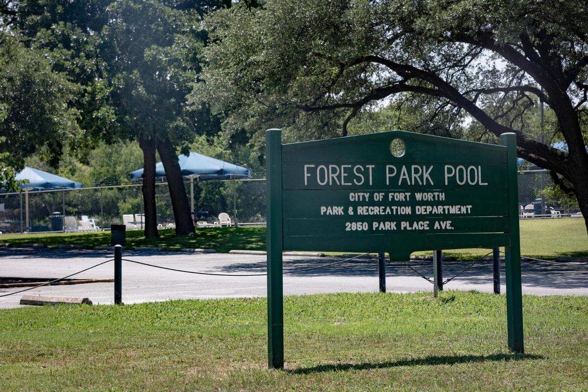 The entrance to the Forest Park pool in Fort Worth, Texas, on Friday, June 10, 2022. Fort Worth has hired only 19 of the required 40 lifeguards to fully staff its two pools.
