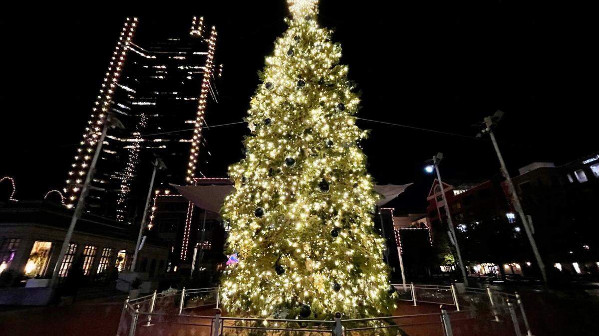 Sundance Square’s annual Christmas tree is lit up in downtown Fort Worth. Crowds won’t be allowed to gather around it this year.