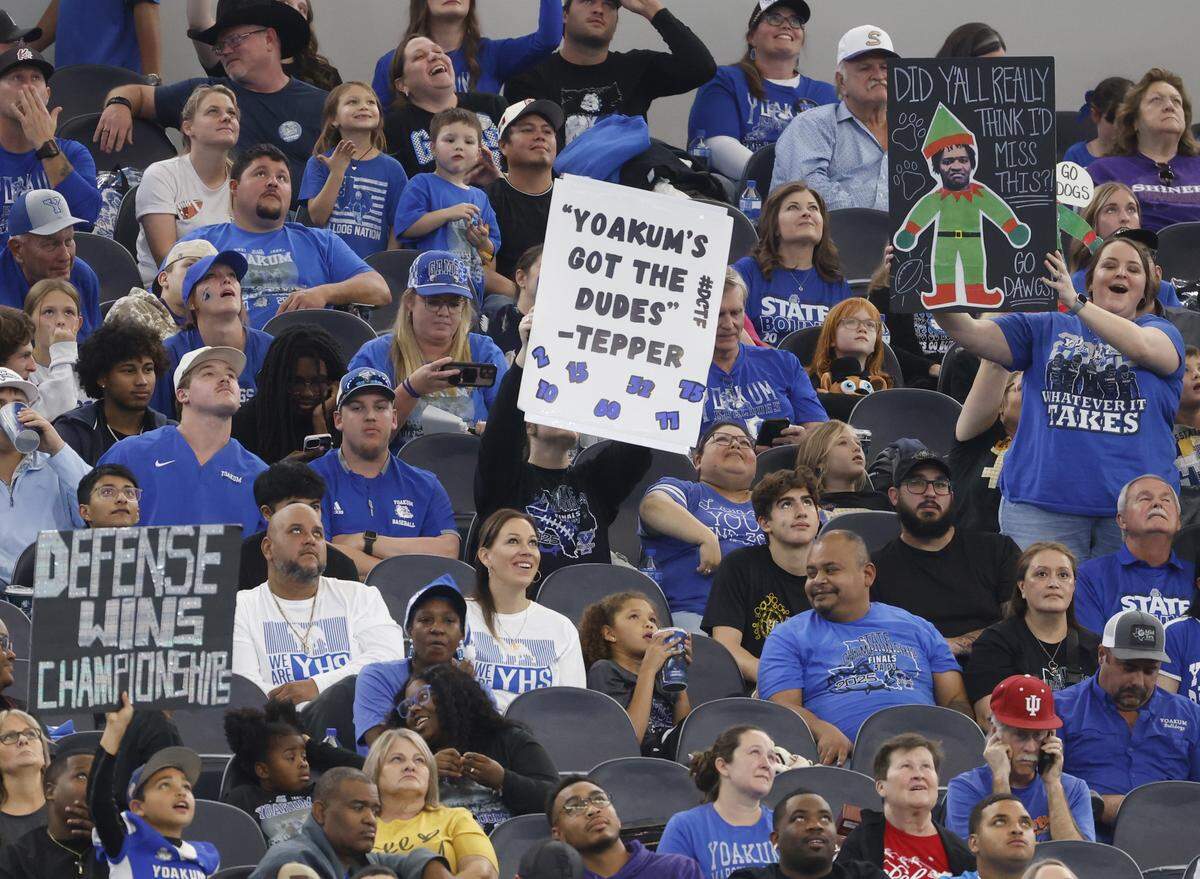 Yoakum fans celebrate their game against Grandview during the first half of a UIL Class 3A Division I championship game on Thursday Dec. 18, 2025 at AT&T Stadium in Arlington, Texas.