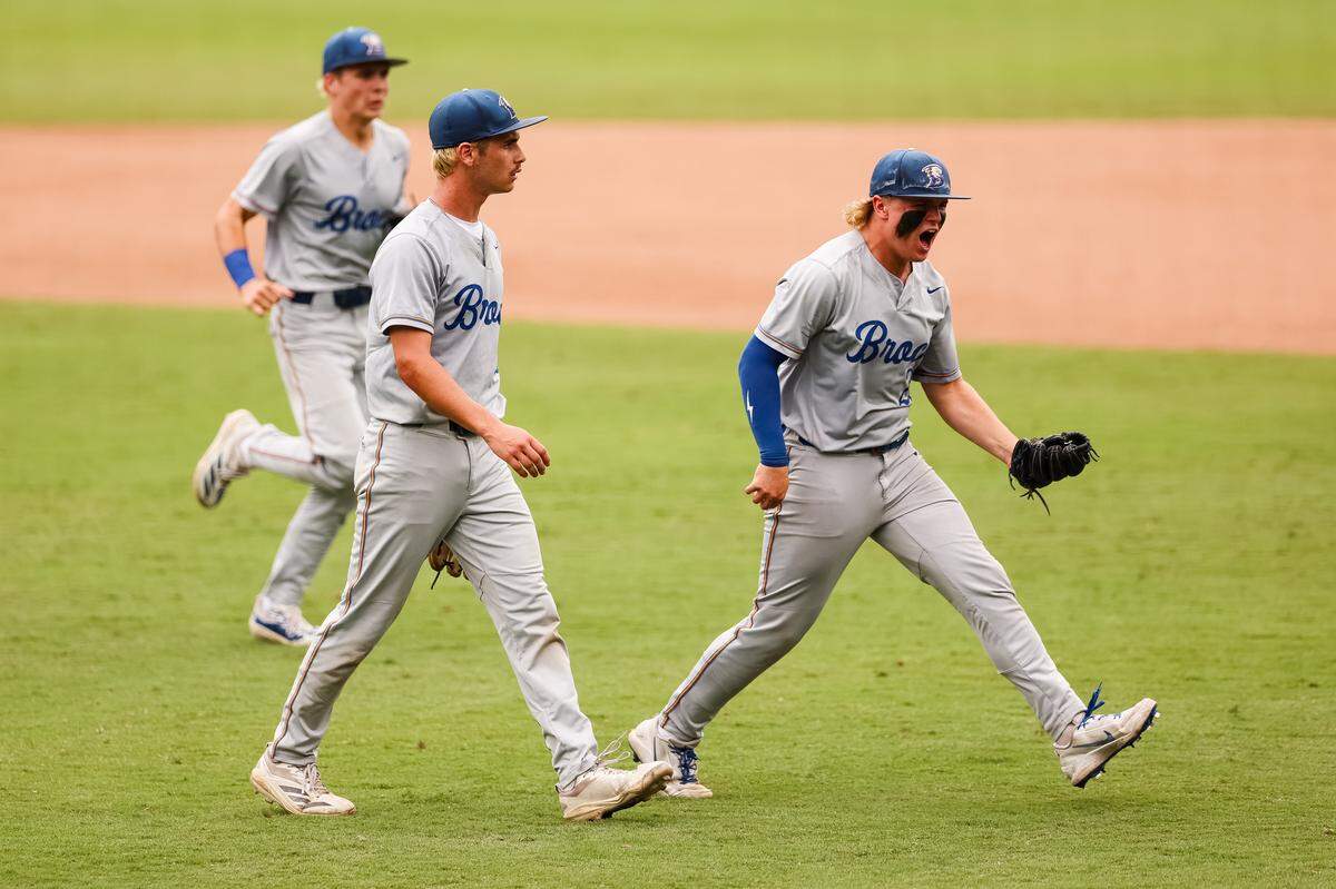 Brock third baseman Asher Strait (20) reacts after recording a final out to an inning with starting pitcher Weston Pickard against Robinson in the UIL Class 4A Division II baseball state championship game on Friday, June 5, 2026, at Dell Diamond in Round Rock, Texas.