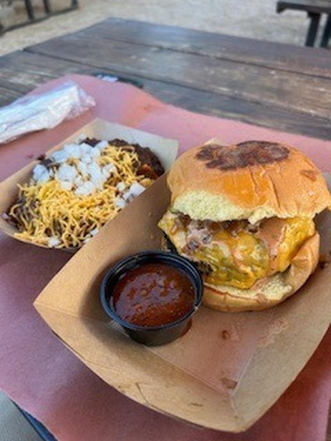 The L&L burger with frito pie at Leroy and Lewis in Austin.