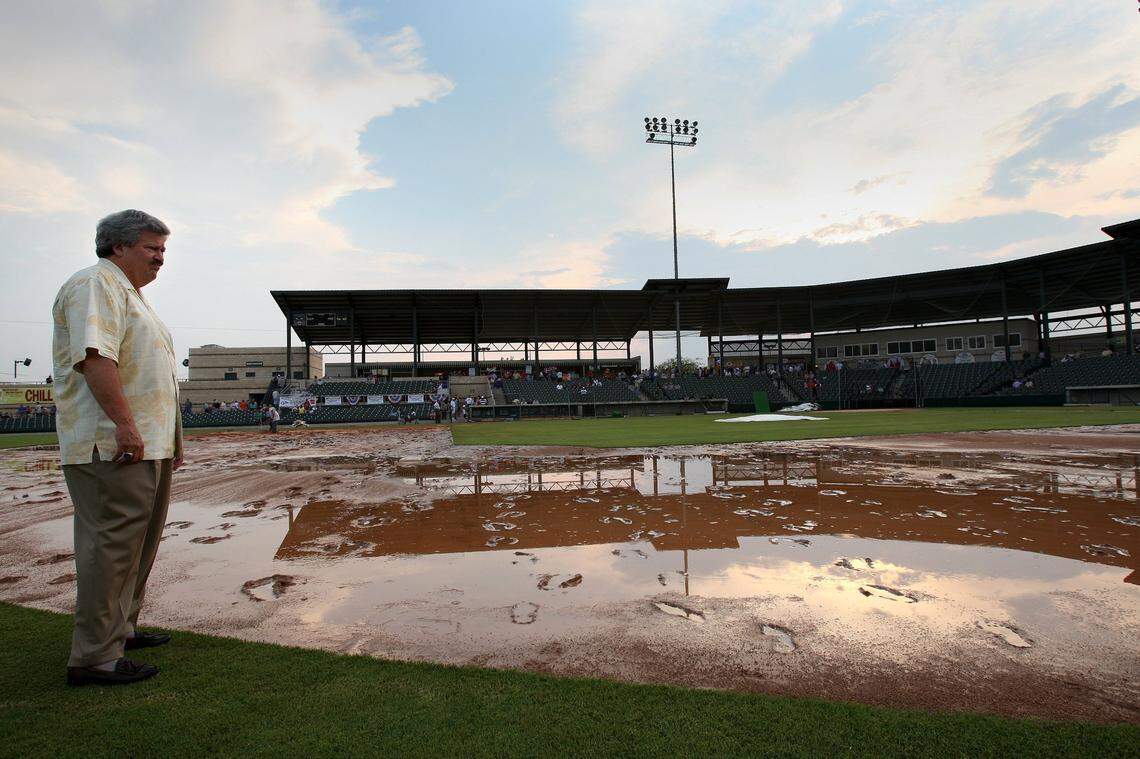 Cats owner Carl Bell surveys the infield of LaGrave field on Aug. 30, 2007.
