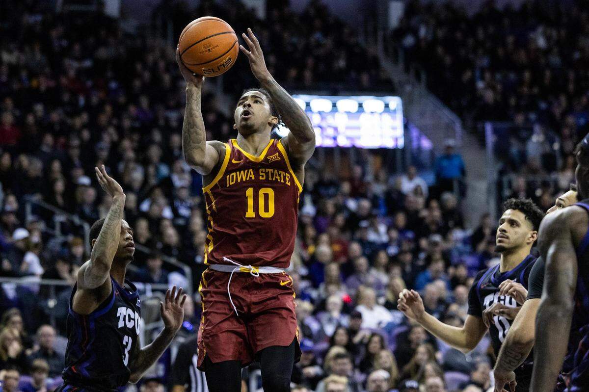Iowa State guard Keshon Gilbert (10) goes up for a layup in the first half of a Big XII conference game between the TCU Horned Frogs and Iowa State Cyclones at Schollmaier Arena in Fort Worth on Saturday, Jan 20, 2023.