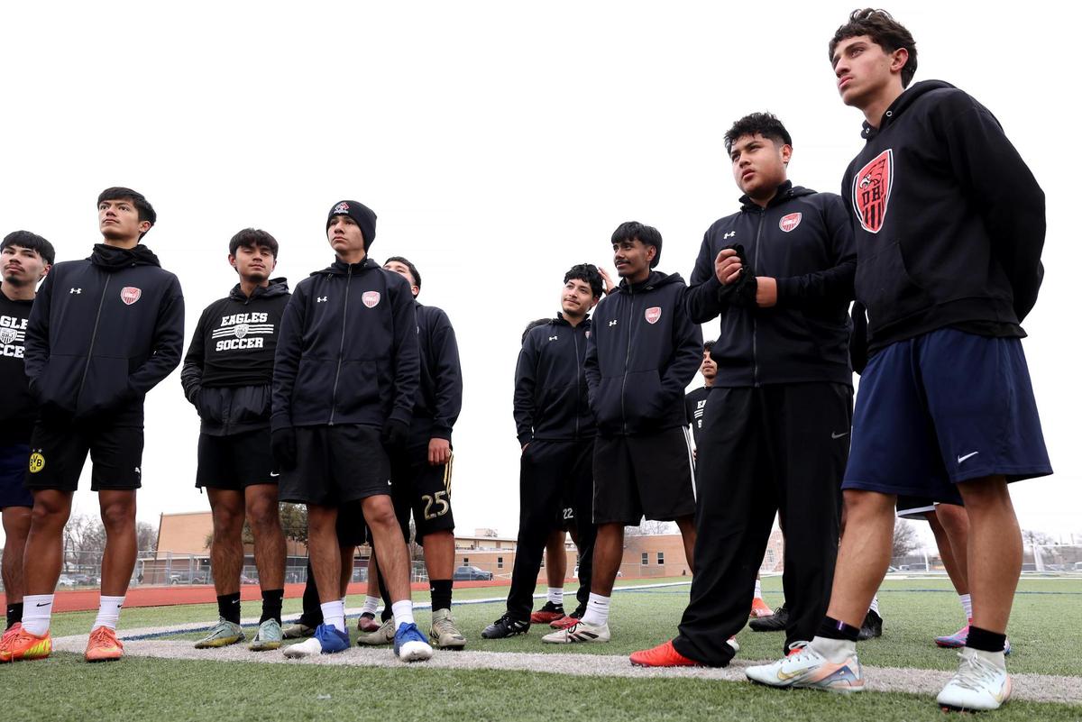 The Diamond Hill-Jarvis varsity soccer team huddles up at the end of practices on Thursday, Feb. 13, 2025, in Fort Worth.