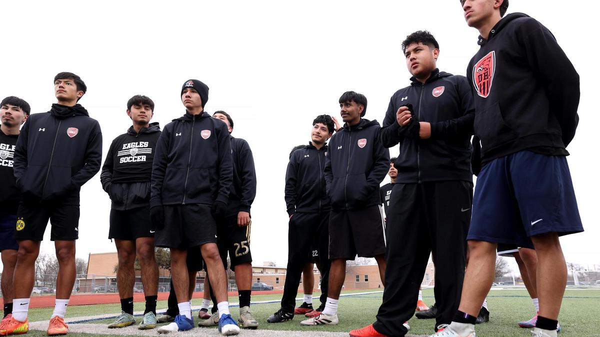 The Diamond Hill-Jarvis varsity soccer team huddles up at the end of practices on Thursday, Feb. 13, 2025, in Fort Worth.