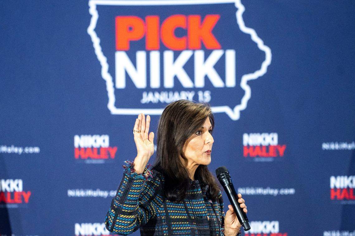 Presidential candidate Nikki Haley speaks during a town hall meeting at Vittoria Lodge, Nov. 17, 2023, in Ankeny, Iowa.