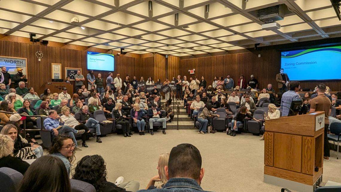 Supporters of Mercy Culture’s human trafficking victim shelter pack the Fort Worth City Council Chamber before a zoning commission hearing on Nov. 13, 2024.