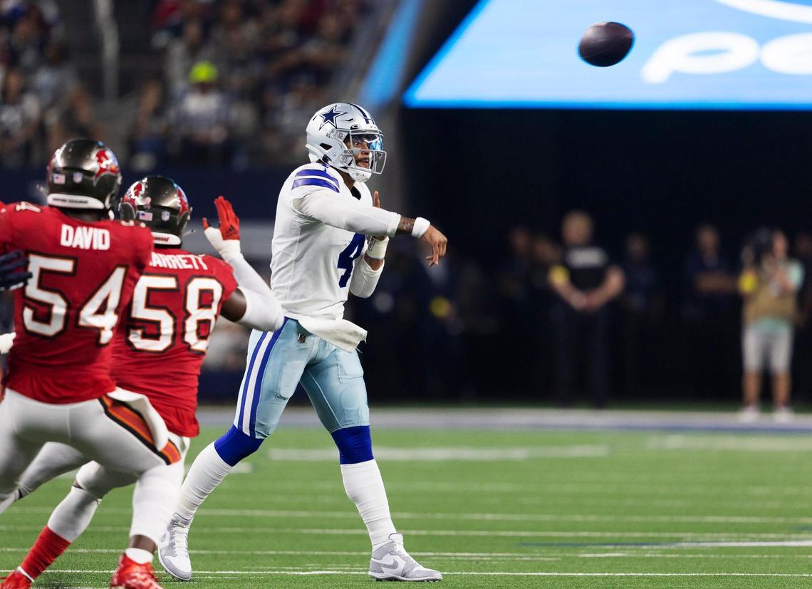 Dallas Cowboys quarterback Dan Prescott throws the ball during the 2022 season opener against the Tampa Bay Buccaneers on Sunday, September 11, 2022, at AT&T Stadium in Arlington.