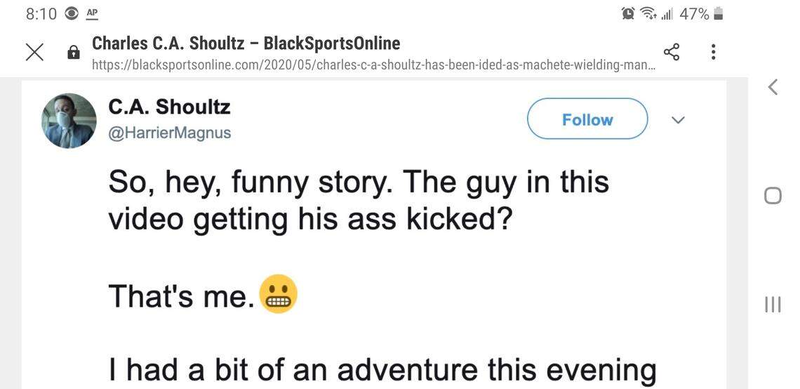 This screen image of a social media post by Charles C.A. Schoultz captured by BlackSportsOnline.com purports to be the man wielding a machete who was attacked by a mob in Dallas Saturday night. Schoultz blames himself instigating the altercation he called “stupidity.”