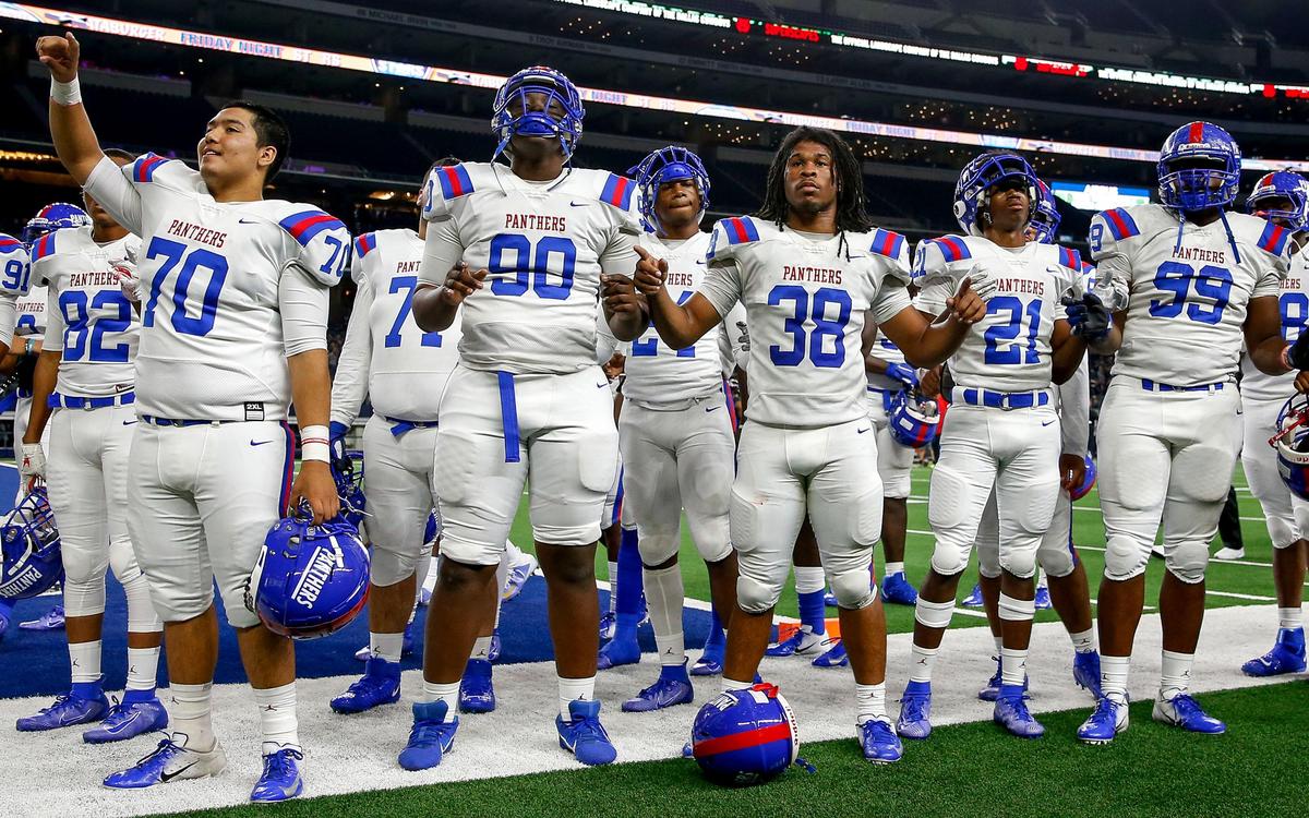 The Duncanville Panthers celebrate their victory over Flower Mound, 59-13, in the 6A Division I area round high school football playoff game at AT&T Stadium in Arlington, Tx Saturday November 23, 2019.
