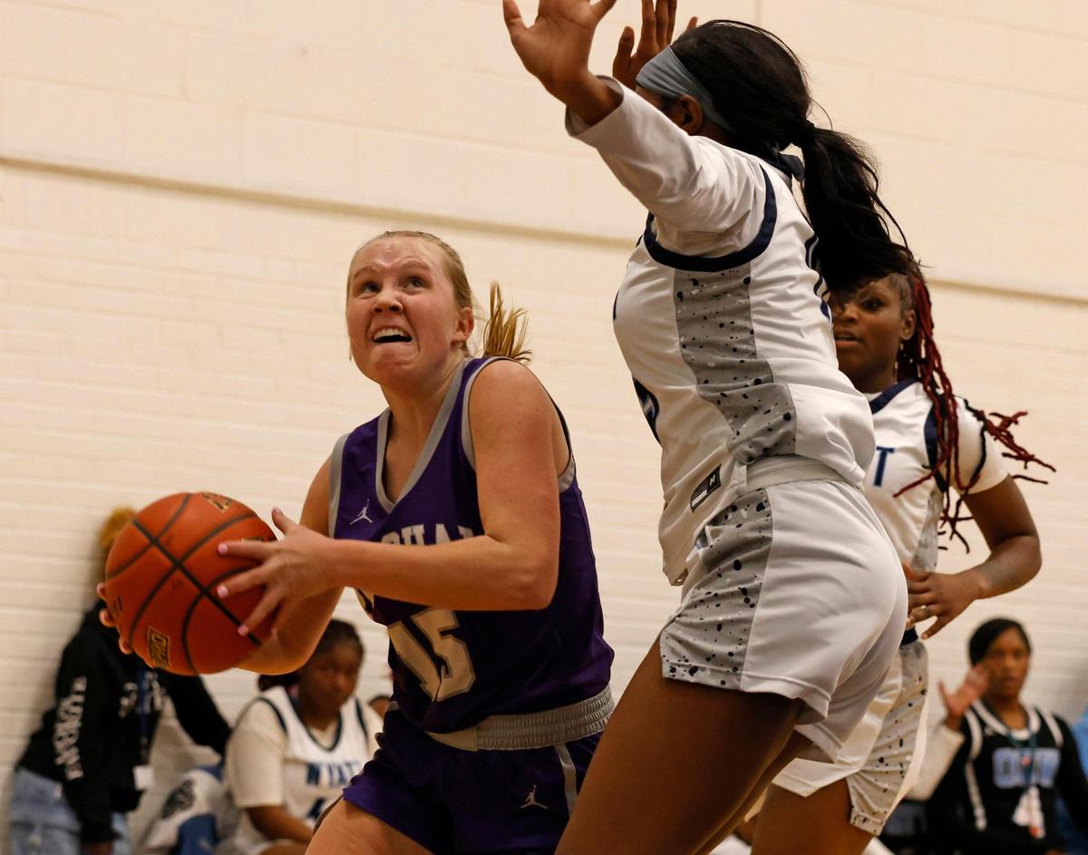 Paschal guard Annie Parsons (15) attempts to get under O.D. Wyatt guard Delaney Griggs (15) during a UIL girls basketball game at O.D. Wyatt High School in Fort Worth, Texas, Friday, Jan. 24, 2025.