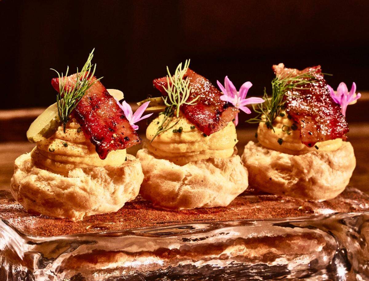 Open-face deviled eggs at Bricks and Horses in the Bowie House, Auberge hotel.