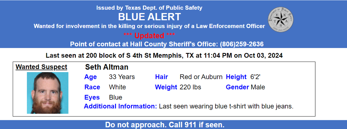 A Blue Alert was issued Oct. 4 for 33-year-old Seth Altman, who is wanted in the shooting of a police officer in Memphis, Texas.