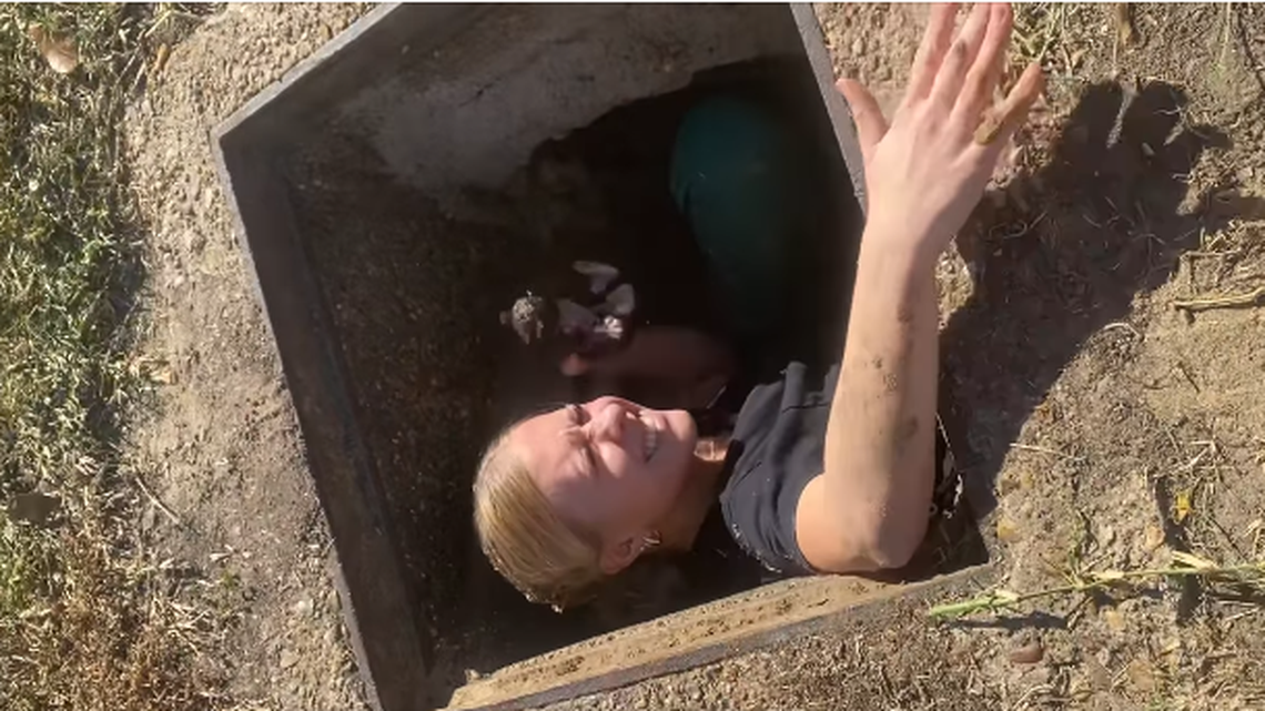 A 3-week-old kitten trapped in a storm drain was rescued by a shelter worker, video shows.