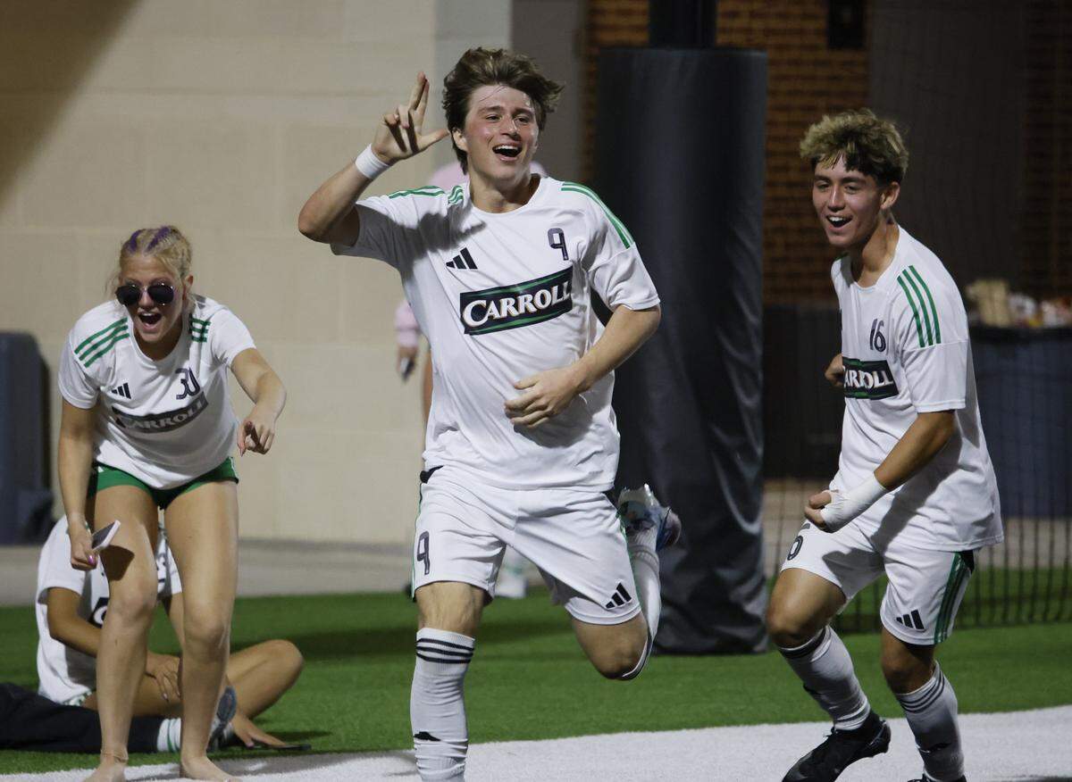 Southlake Carroll John Skiermont (9) celebrates his goal against Mansfield Legacy during the second half of a UIL bi-district round boys soccer playoff game at Crowley ISD Multi-Purpose Stadium in Fort Worth, Texas, Friday, March, 20, 2026.