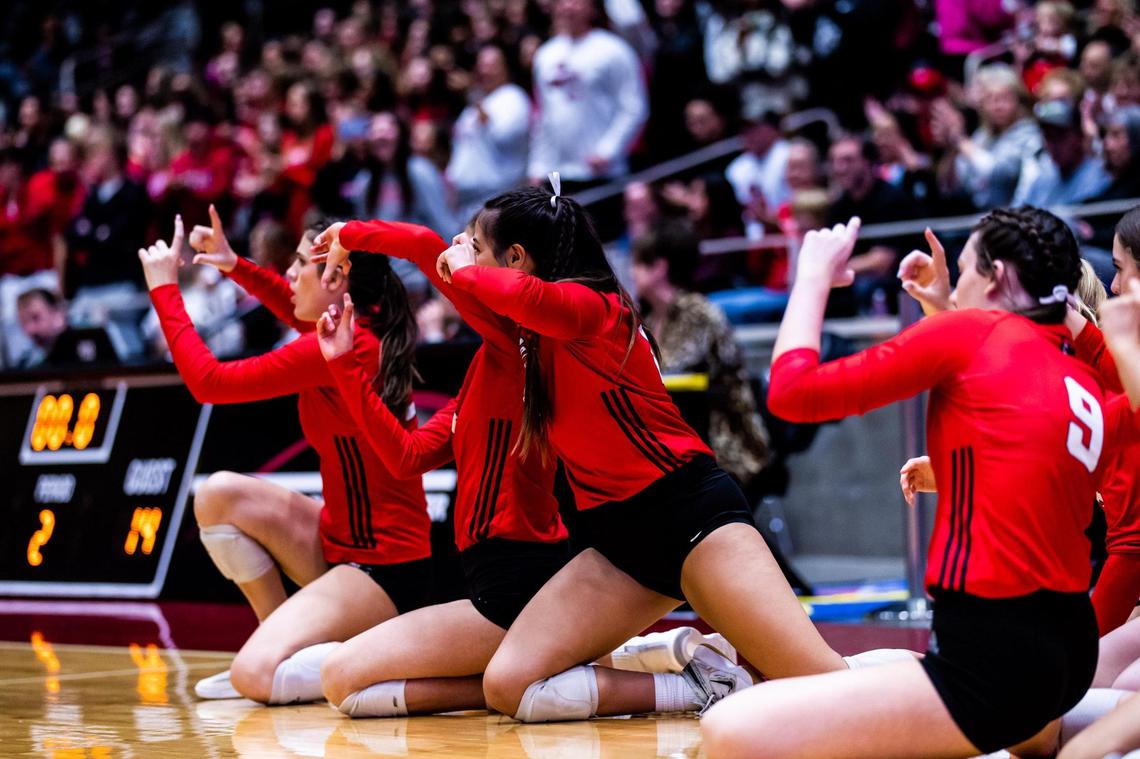 The Panthers’ bench celebrates during the 5A state semifinal between Colleyville Heritage and Montgomery Lake Creek at the Curtis Culwell Center in Garland on November 18th, 2022.