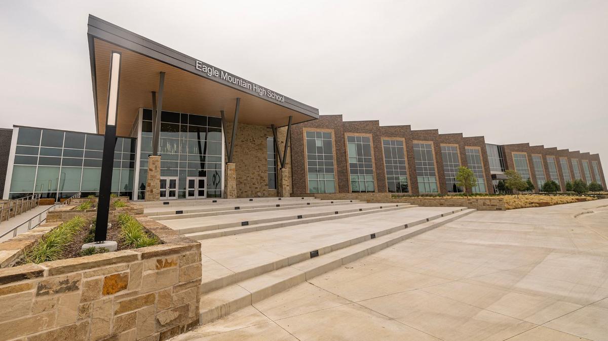 The front entrance of the new Eagle Mountain High School on Bonds Ranch Road. The $271 million campus opens Monday.