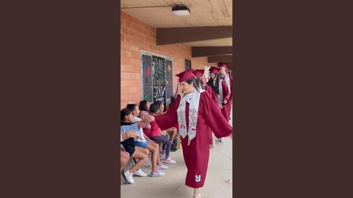 Video of Uvalde High School graduates celebrating Monday morning with students at Robb Elementary was posted by Uvalde High School principal on Twitter on Monday.