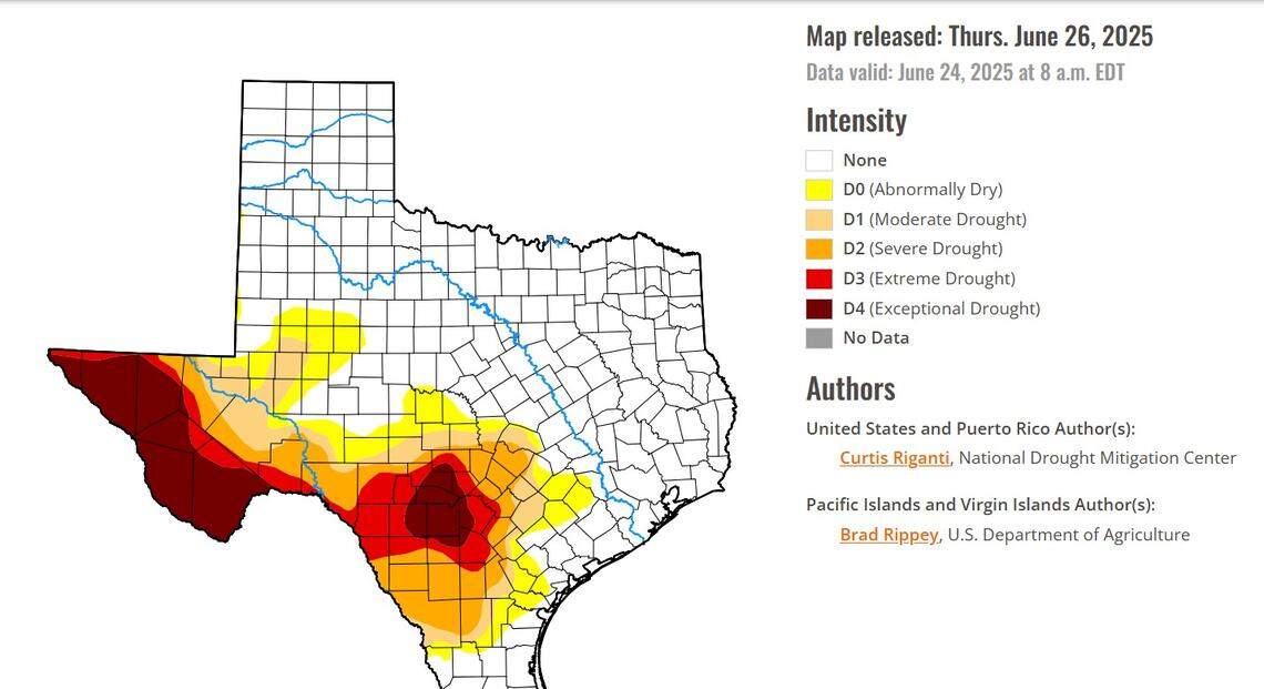 Drought conditions in Texas as of June 26, 2025.