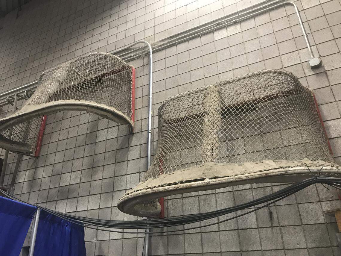 In the storage room at Will Rogers Coliseum hang the hockey nets that were used for the Fort Worth Fire, Fort Worth Texans and Fort Worth Brahmas hockey teams.
