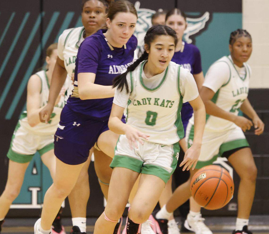 Kennedale point guard Thi Pho (0) brings the ball back down court during the first half of a UIL basketball game between Alvarado and Kennedale at Kennedale High School in Kennedale, Texas, Tuesday Jan. 13, 2026