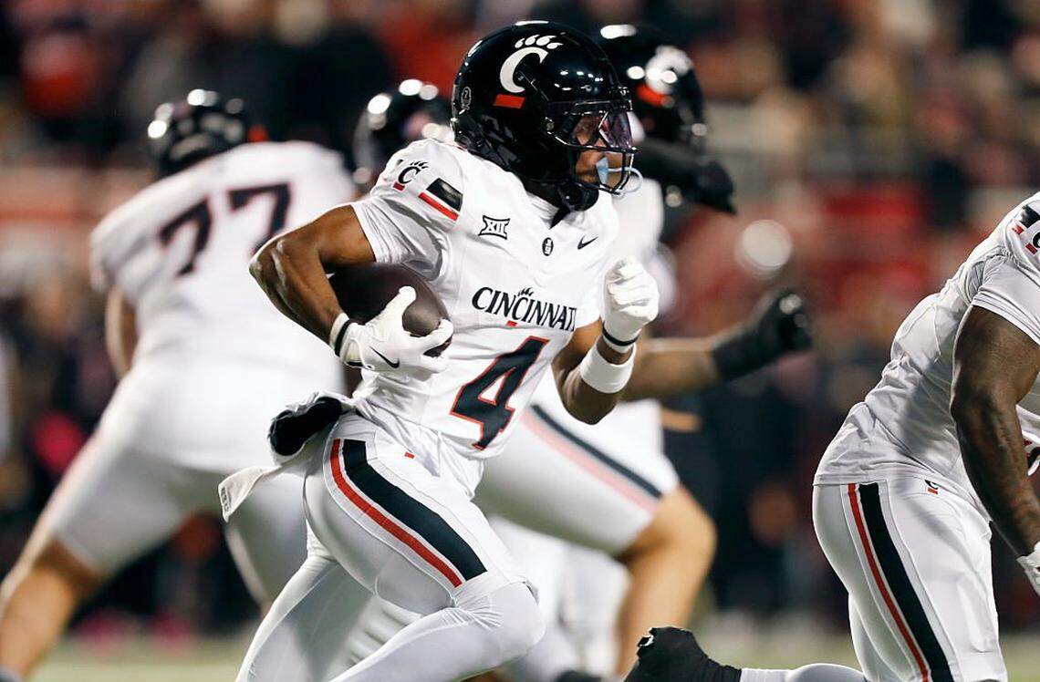 Cincinnati wide receiver Cyrus Allen, selected by the Kansas City Chiefs in Round 5 of the 2026 NFL Draft on Saturday, April 25, 2026, picks up yardage during a game against Utah on Nov. 1, 2025 at Rice-Eccles Stadium in Salt Lake City.