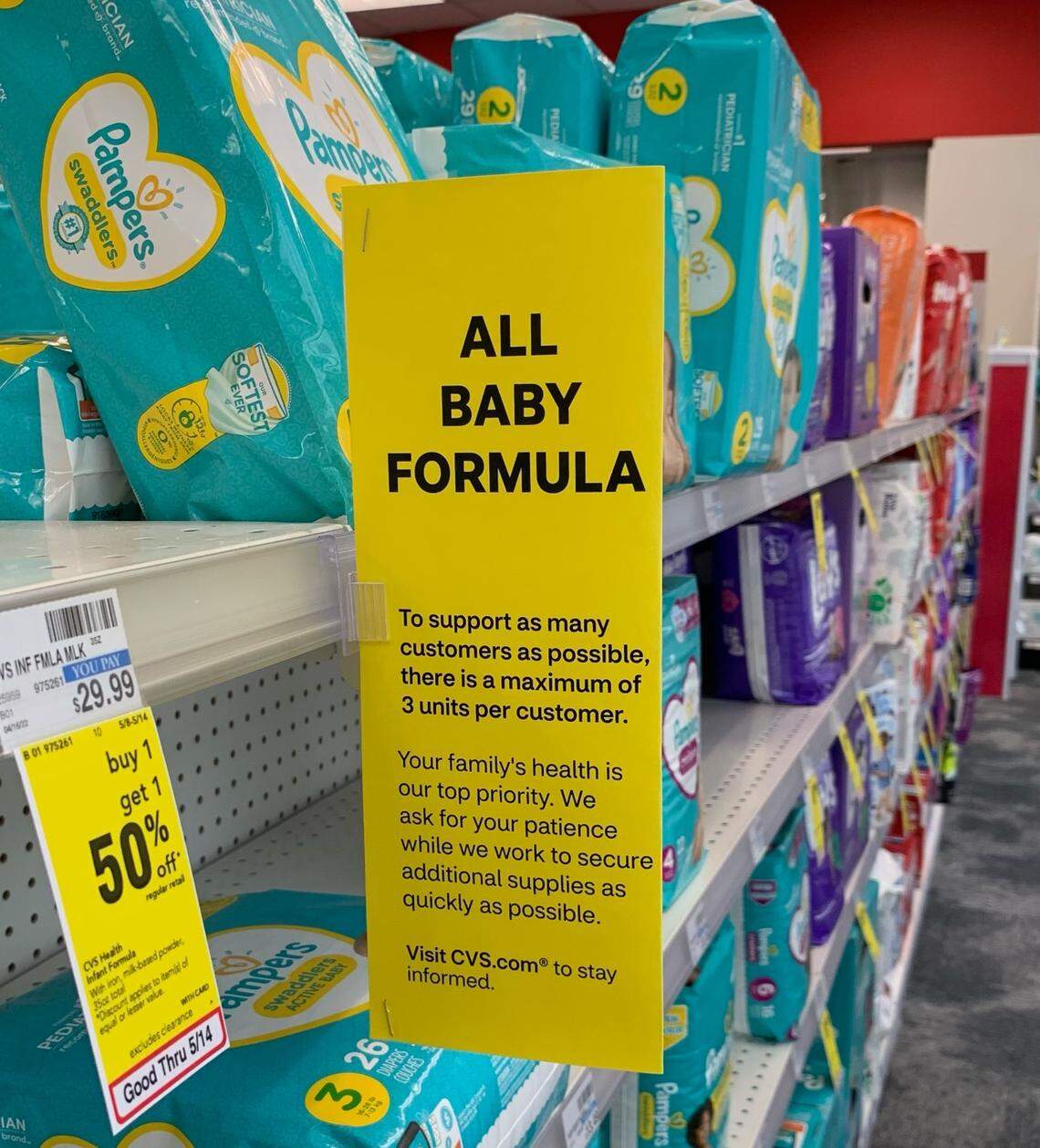 CVS on the corner of 8th and Rosedale was mostly bare with a sign that says there’s a three container limit on baby formula. 