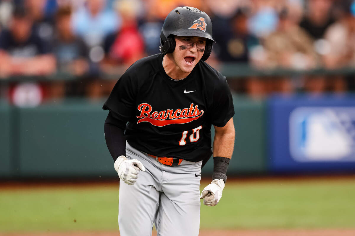 Aledo left fielder Wilson Sehnem (10) reacts in celebration after getting on base against Montgomery Lake Creek in the UIL Class 5A Division I baseball state championship game on Friday, June 5, 2026, at Dell Diamond in Round Rock, Texas.